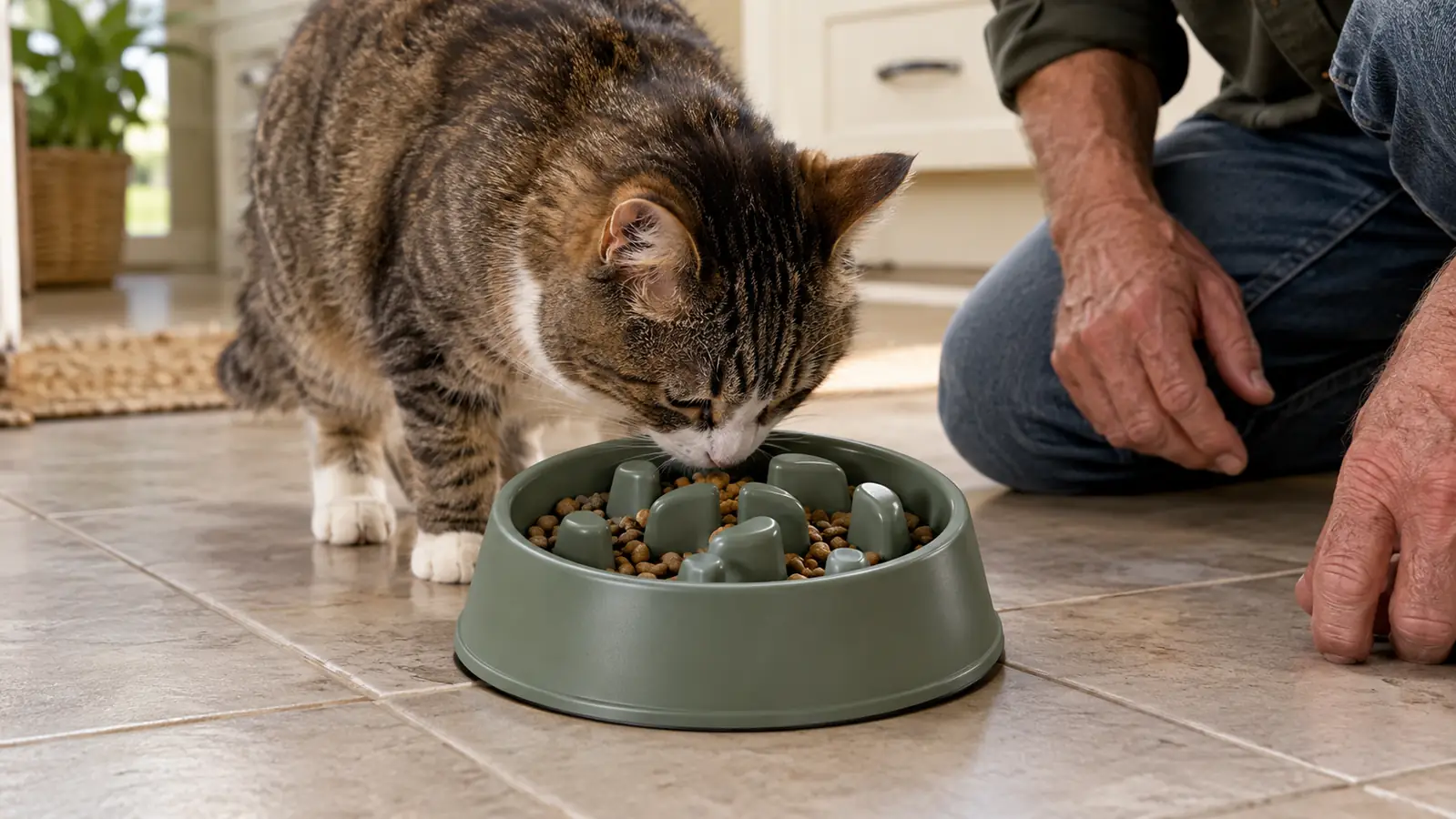 Close view of a cat eating from the slow feeder bowl, the raised sections and kibble visible.