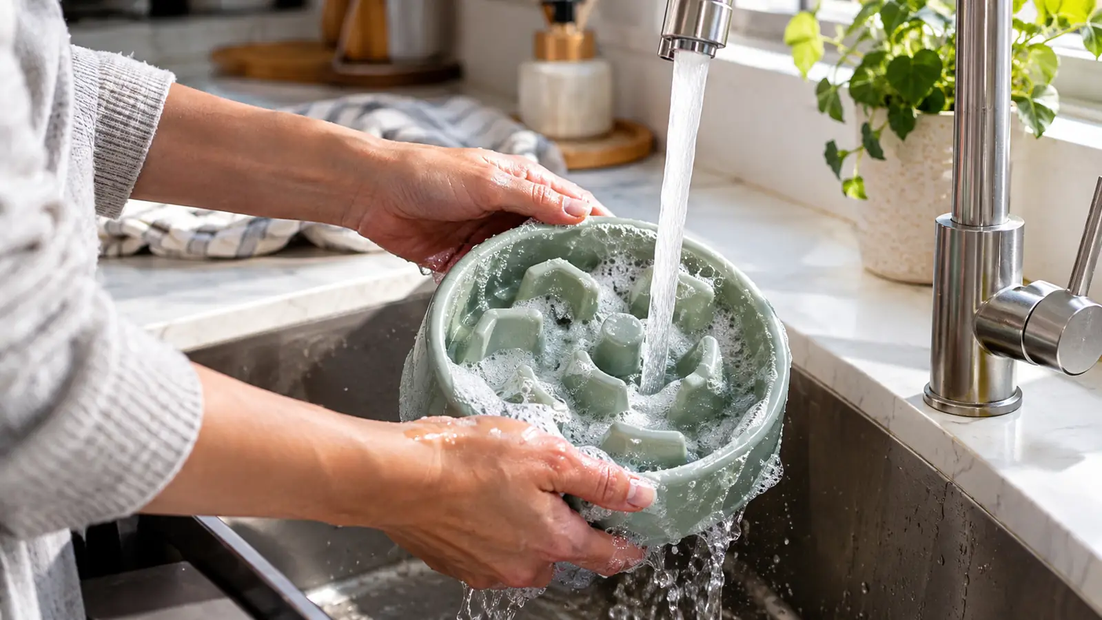 Hands rinsing a slow feeder bowl under a kitchen faucet with light suds.