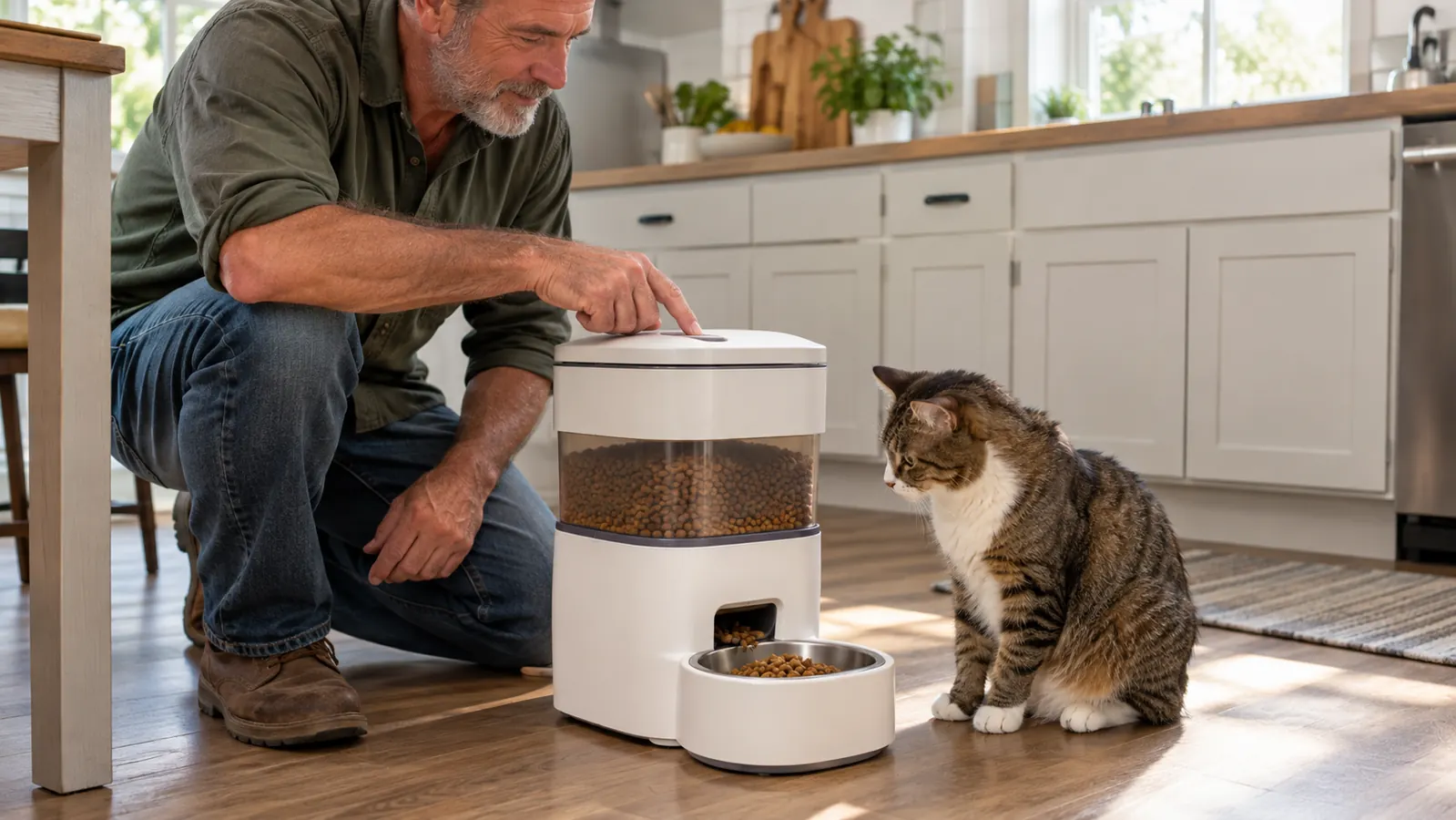 A hand pressing the pop button on the lid of a clear food storage container while a cat waits by its bowl