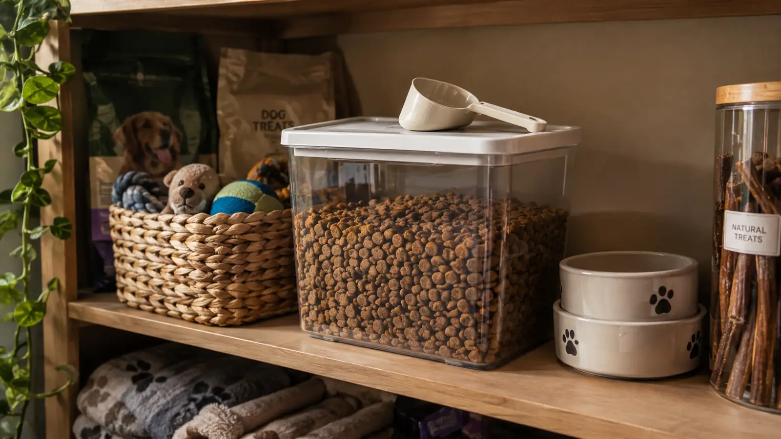 A clear food storage container on a pantry shelf with a measuring scoop resting on top of the lid
