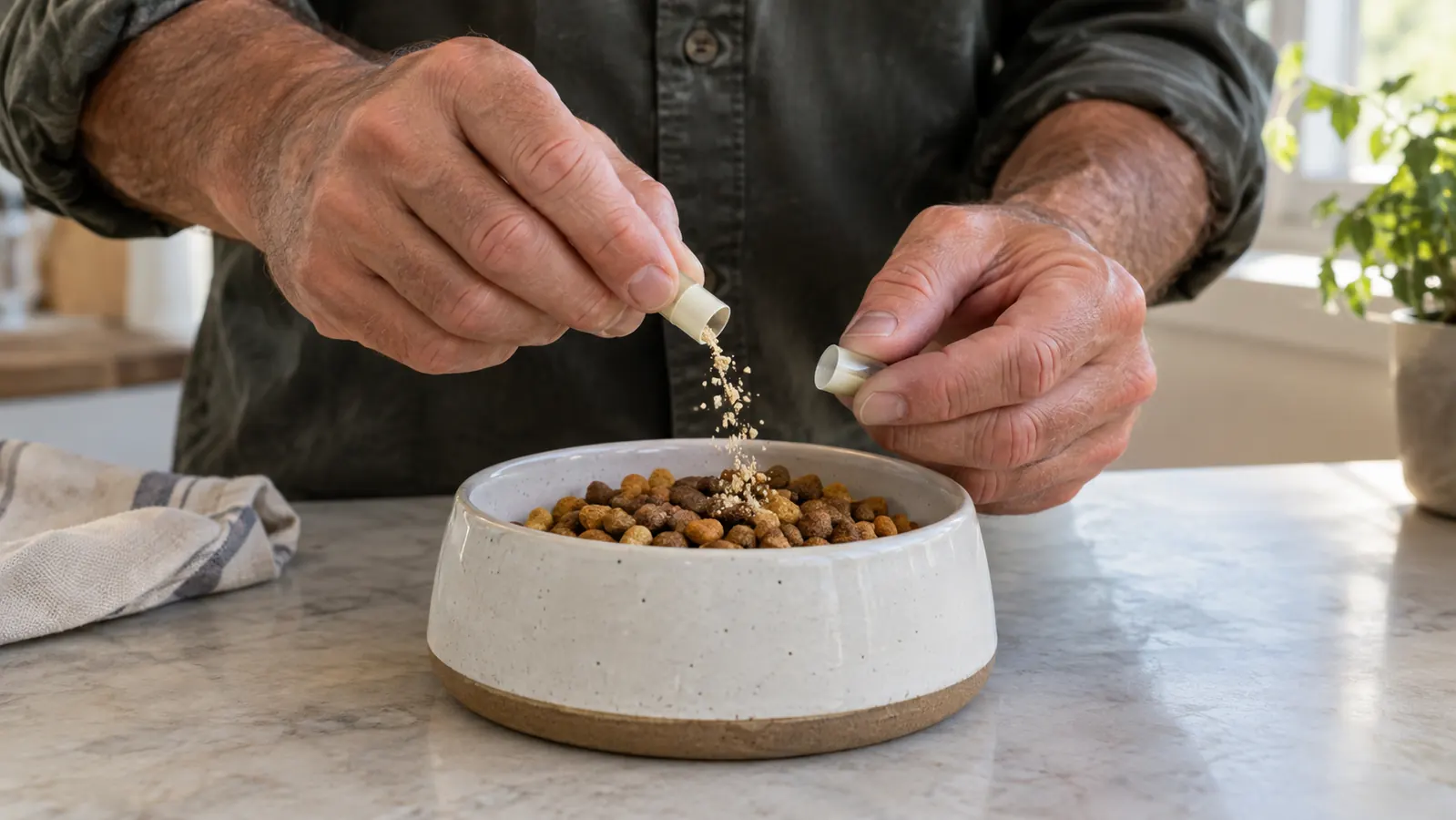 A hand sprinkling powder from a small capsule over a cat's meal in a ceramic bowl
