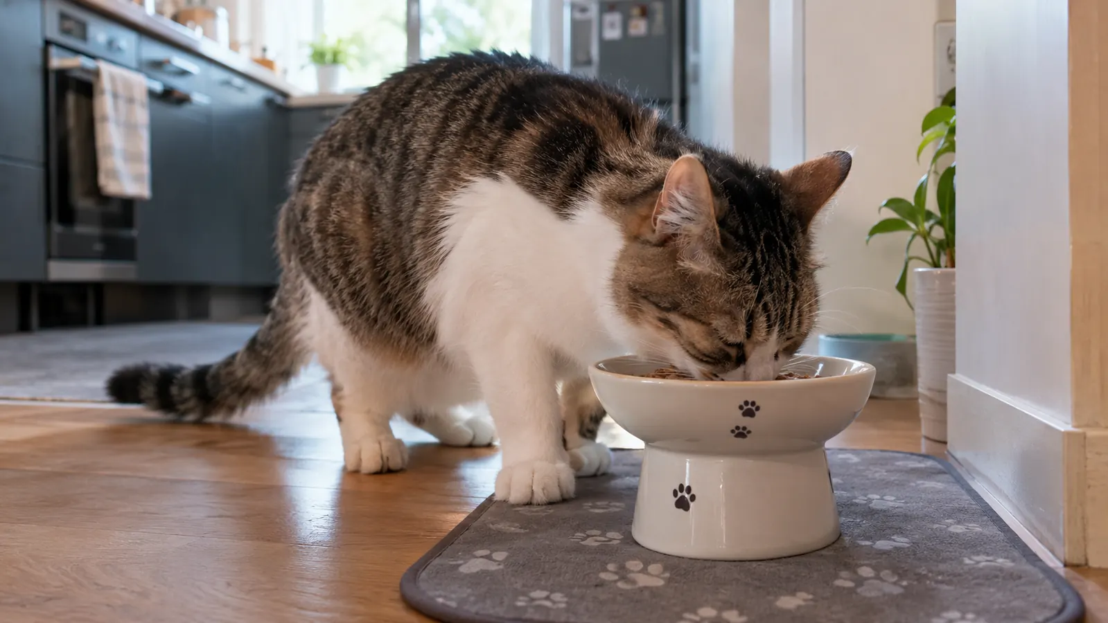 A cat eating calmly from a raised ceramic bowl on a kitchen mat
