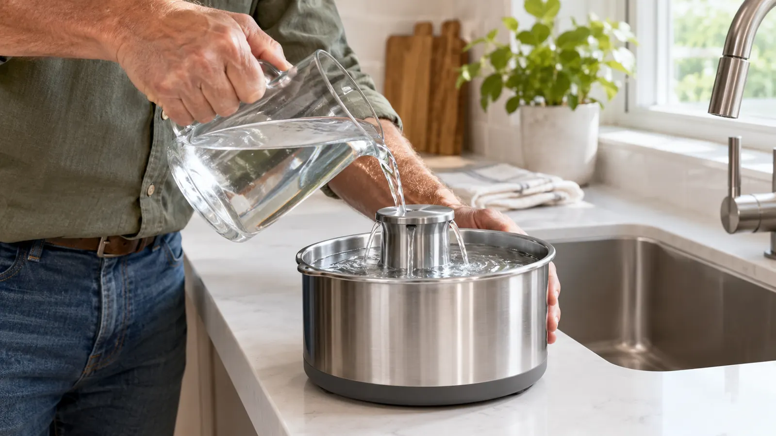 A person's hand refilling a stainless steel cat water fountain at a kitchen sink