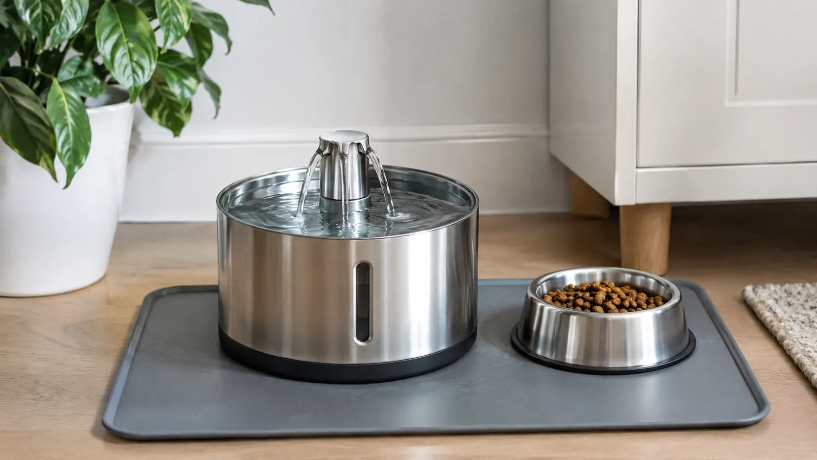 A stainless steel cat water fountain on a kitchen mat beside a food bowl