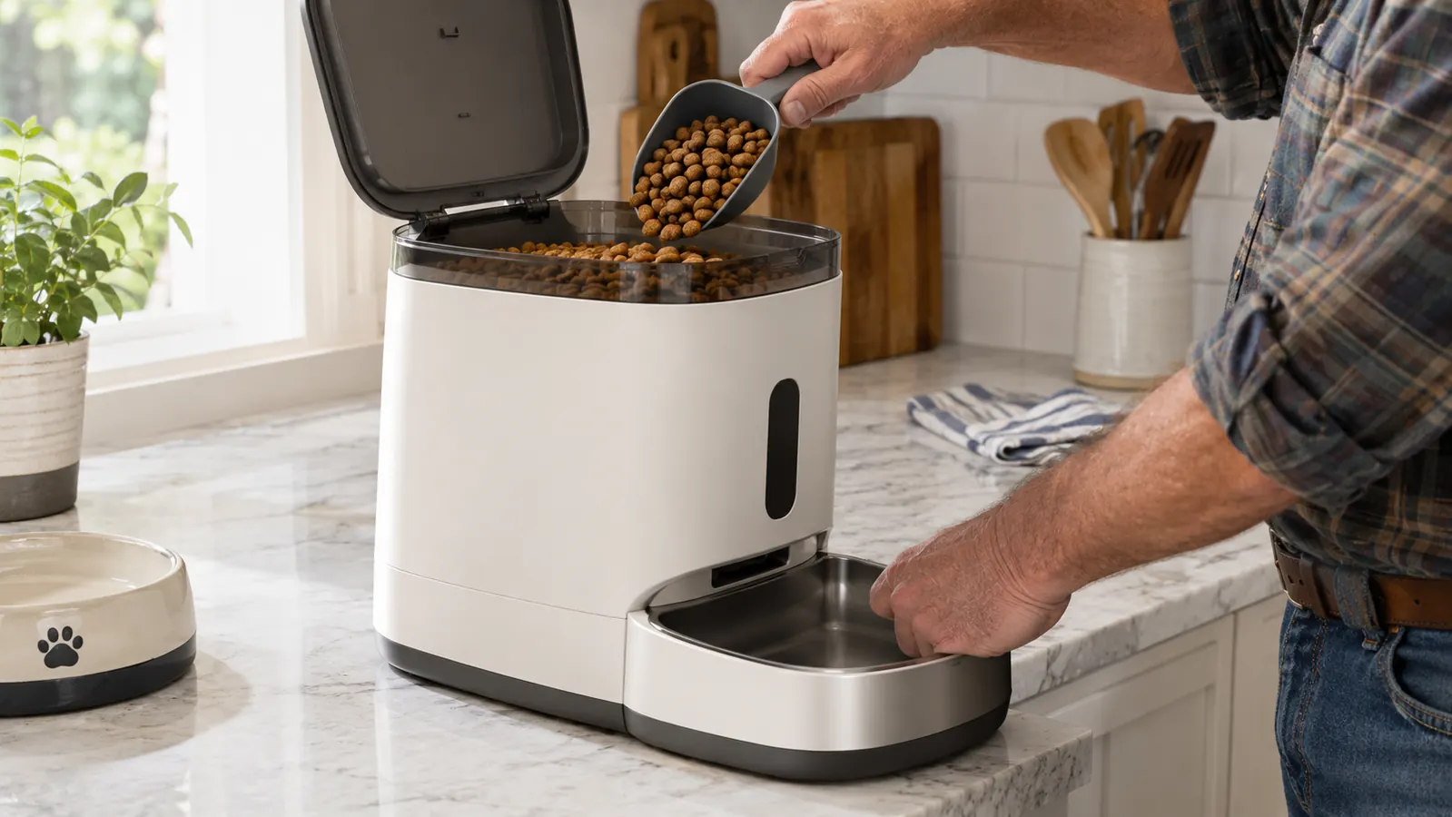 A person's hand filling the top compartment of an automatic cat feeder with dry kibble from a scoop