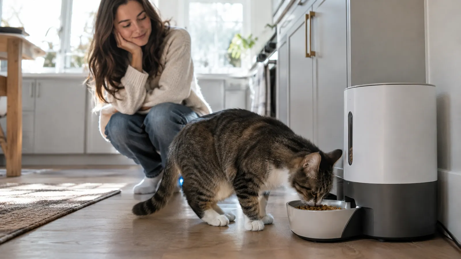 A cat eating from a bowl attached to the front of an automatic cat feeder while the owner watches from a short distance