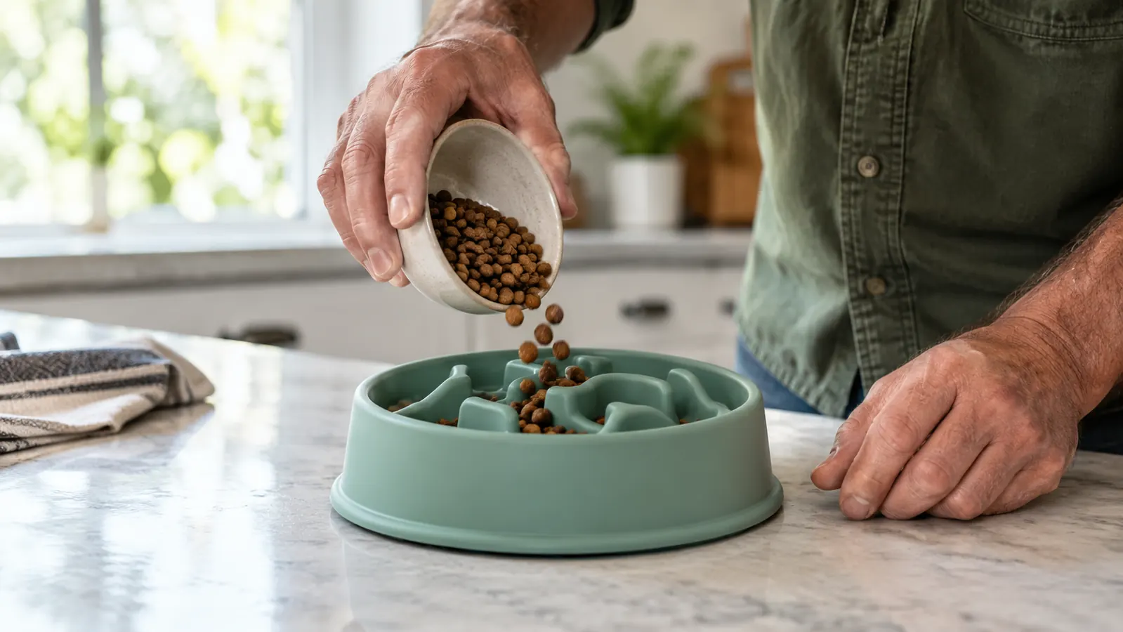 A person's hand sprinkling kibble into a slow feeder bowl on a kitchen counter