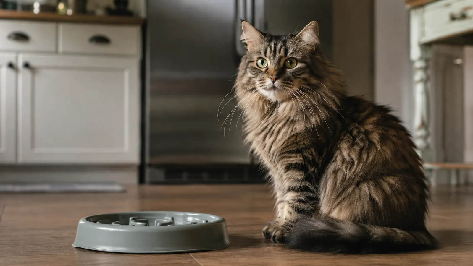 A calm cat sitting beside an empty slow feeder bowl after a meal