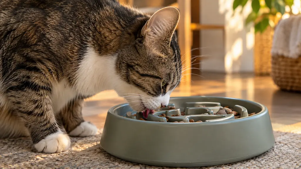 A cat licking the last kibble from a slow feeder bowl, with a few pieces stuck between the ridges
