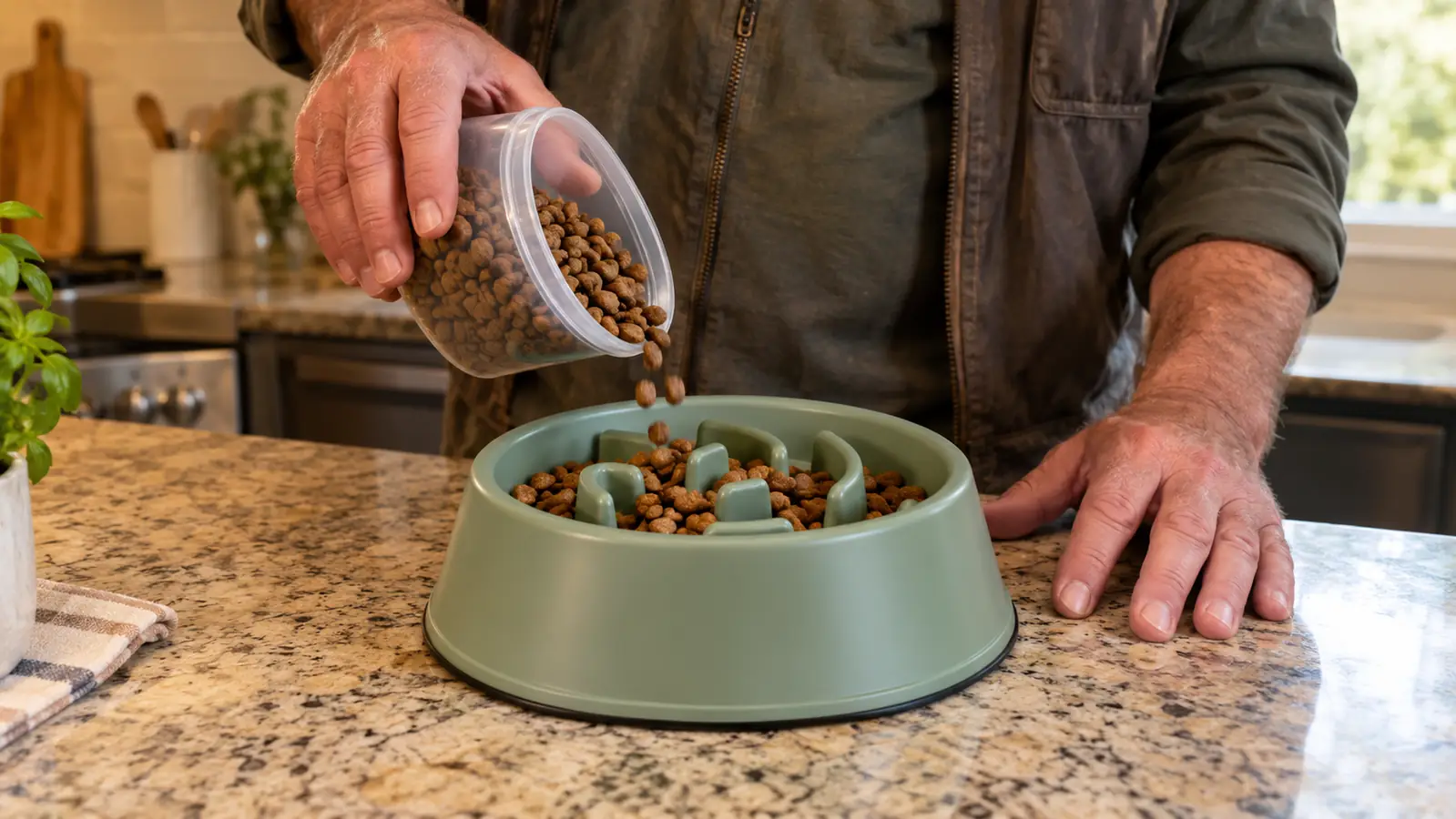 A person's hand sprinkling kibble into a slow feeder bowl on a kitchen counter