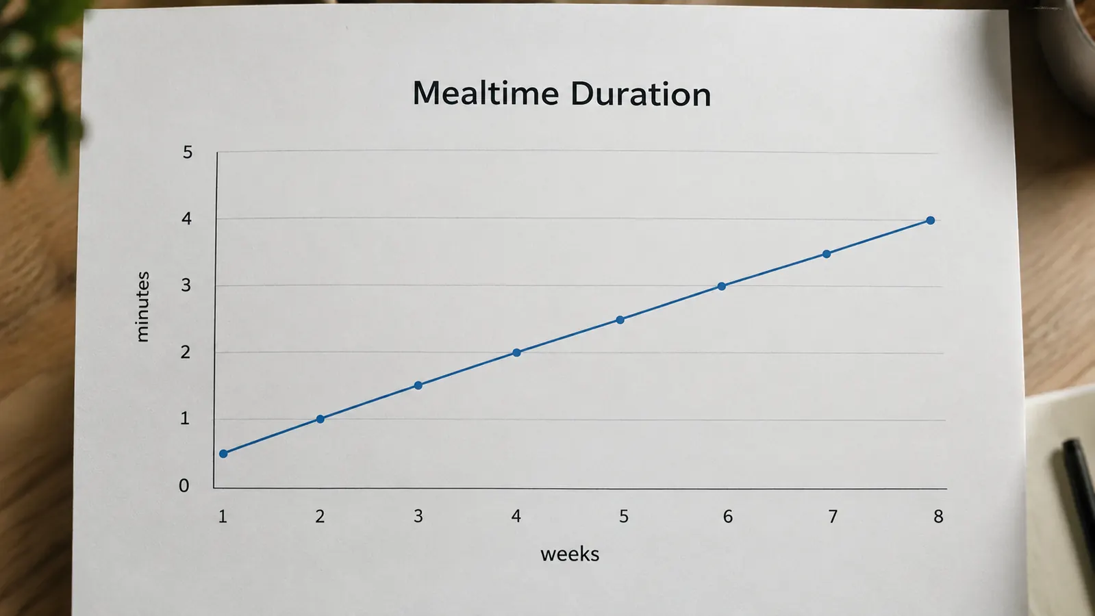 A simple line chart showing mealtime duration increasing from about 30 seconds to about 4 minutes over several weeks