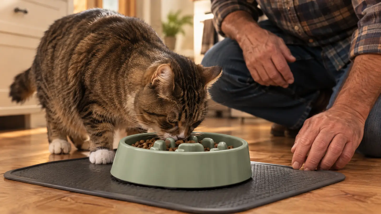 A cat eating kibble from a slow feeder bowl on a kitchen mat.