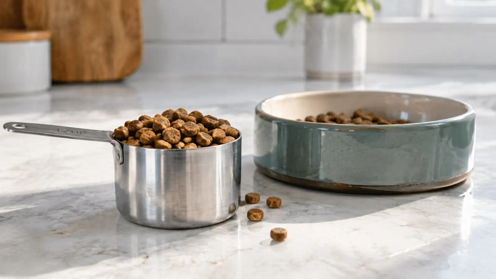 A measuring cup of kibble sitting beside a shallow food bowl on a kitchen counter.