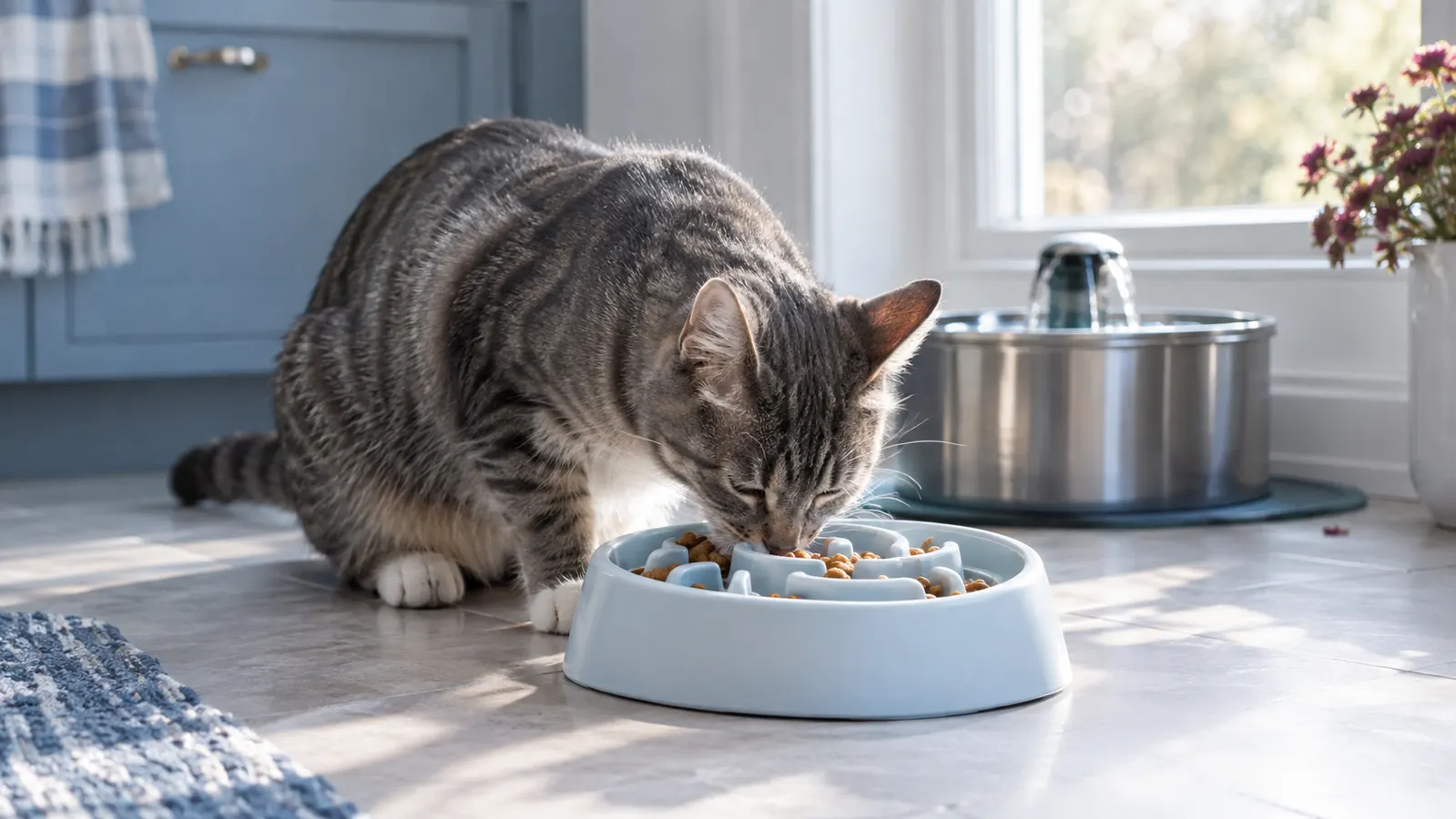 A gray tabby cat eating calmly from a slow feeder bowl on a tidy kitchen floor in soft morning light