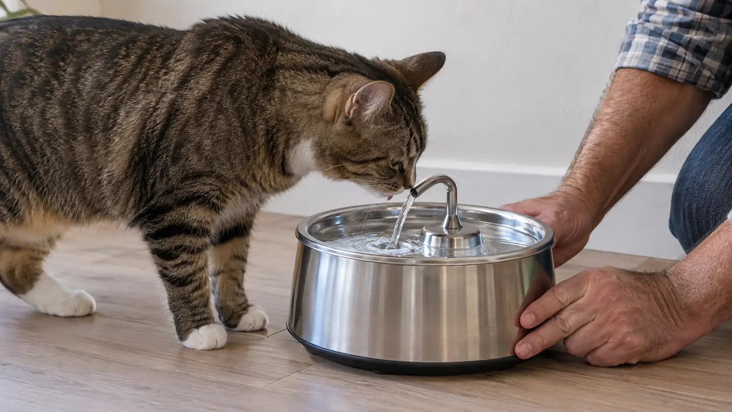 A cat lowering its head to drink from the stream of a stainless steel water fountain