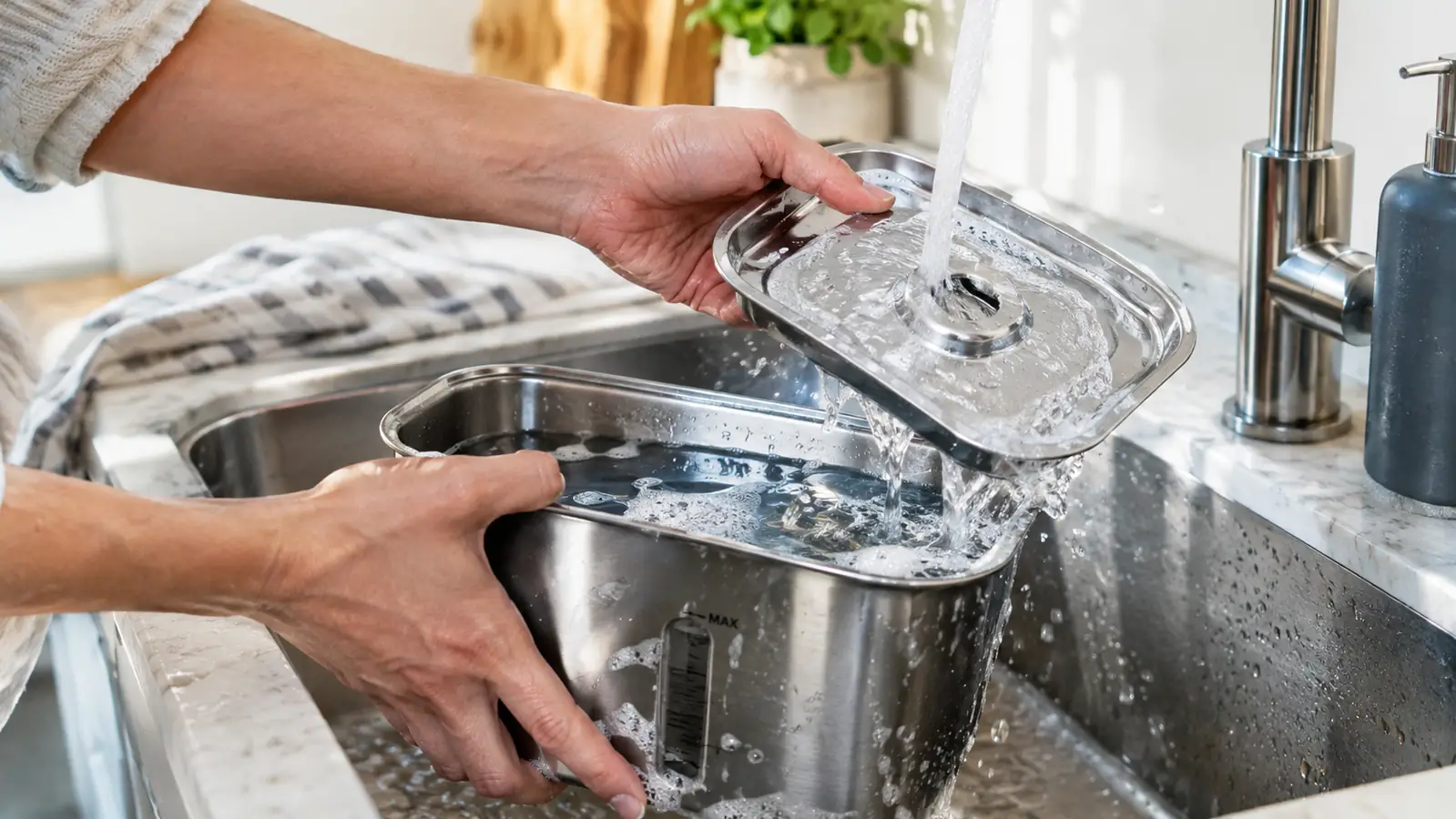 Hands rinsing the parts of a stainless steel water fountain at a kitchen sink