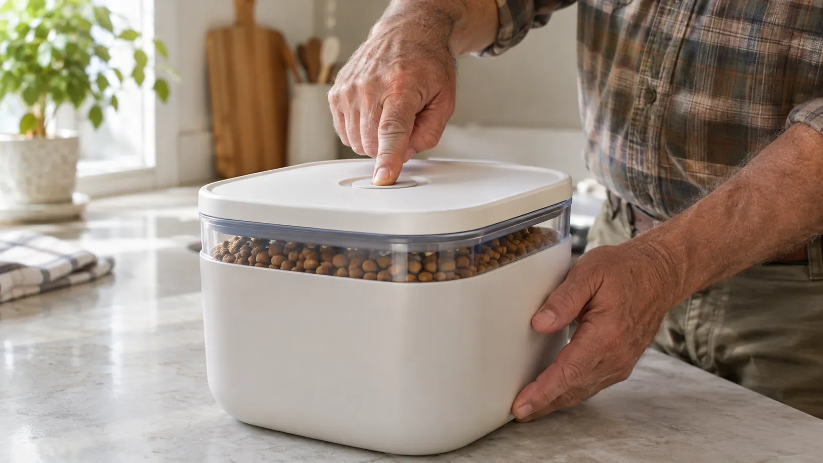 A hand pressing the center button on the lid of a pet food storage container on a kitchen counter
