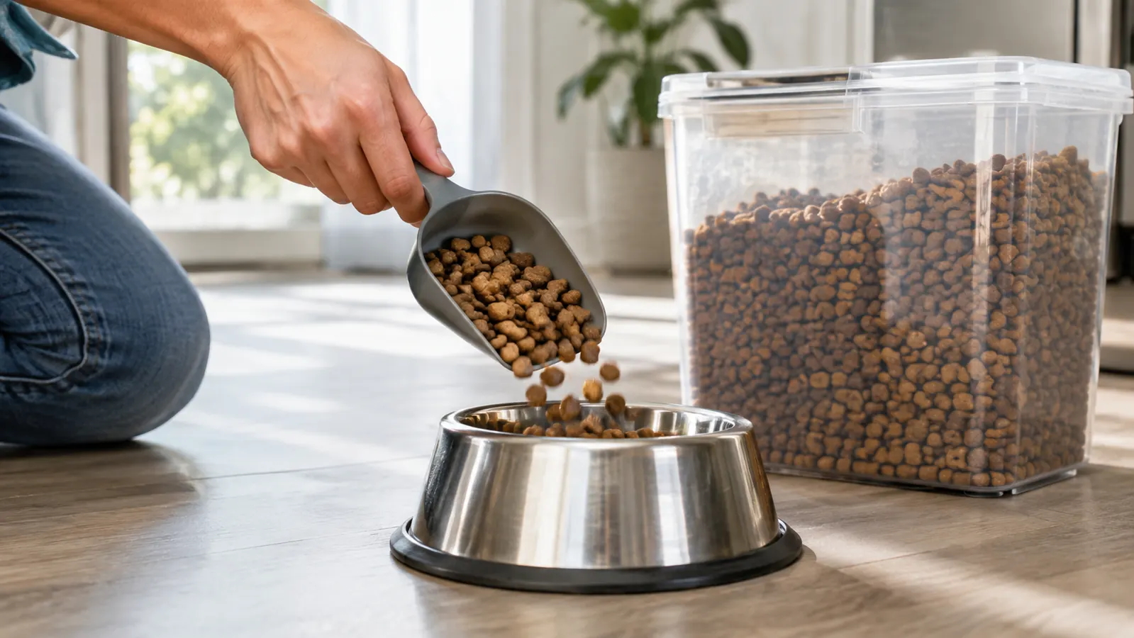 A hand scooping kibble from a food storage container into a stainless steel cat bowl
