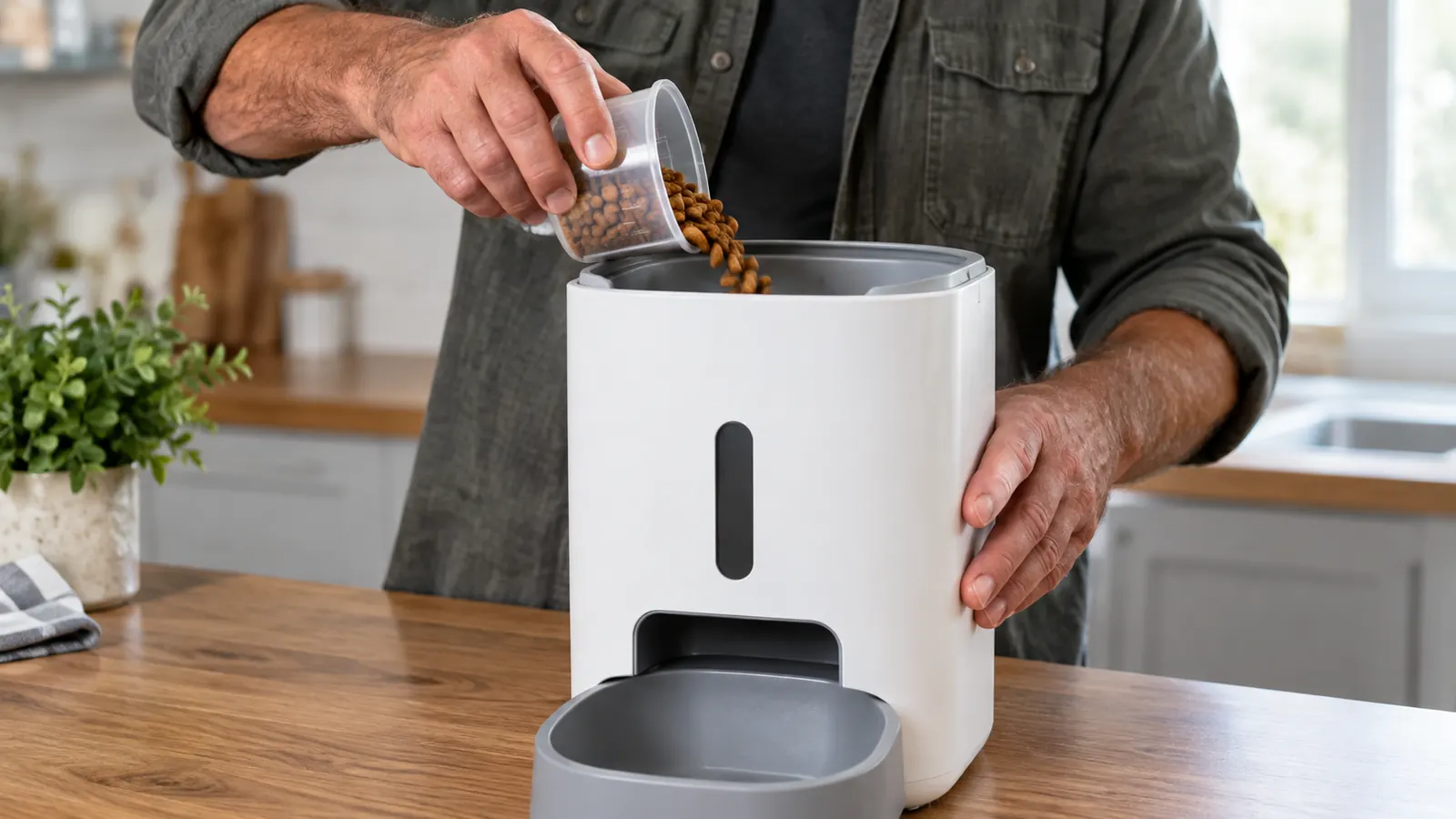 A person's hand pouring a measured portion of kibble from a small cup into the top of an automatic cat feeder