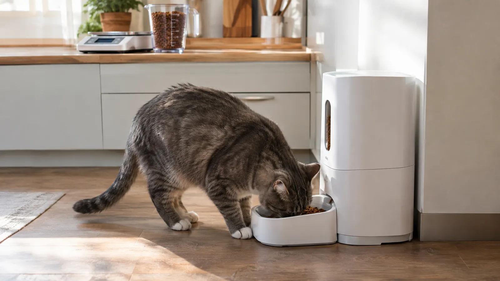 A gray tabby cat eating a small measured portion from an automatic feeder tray