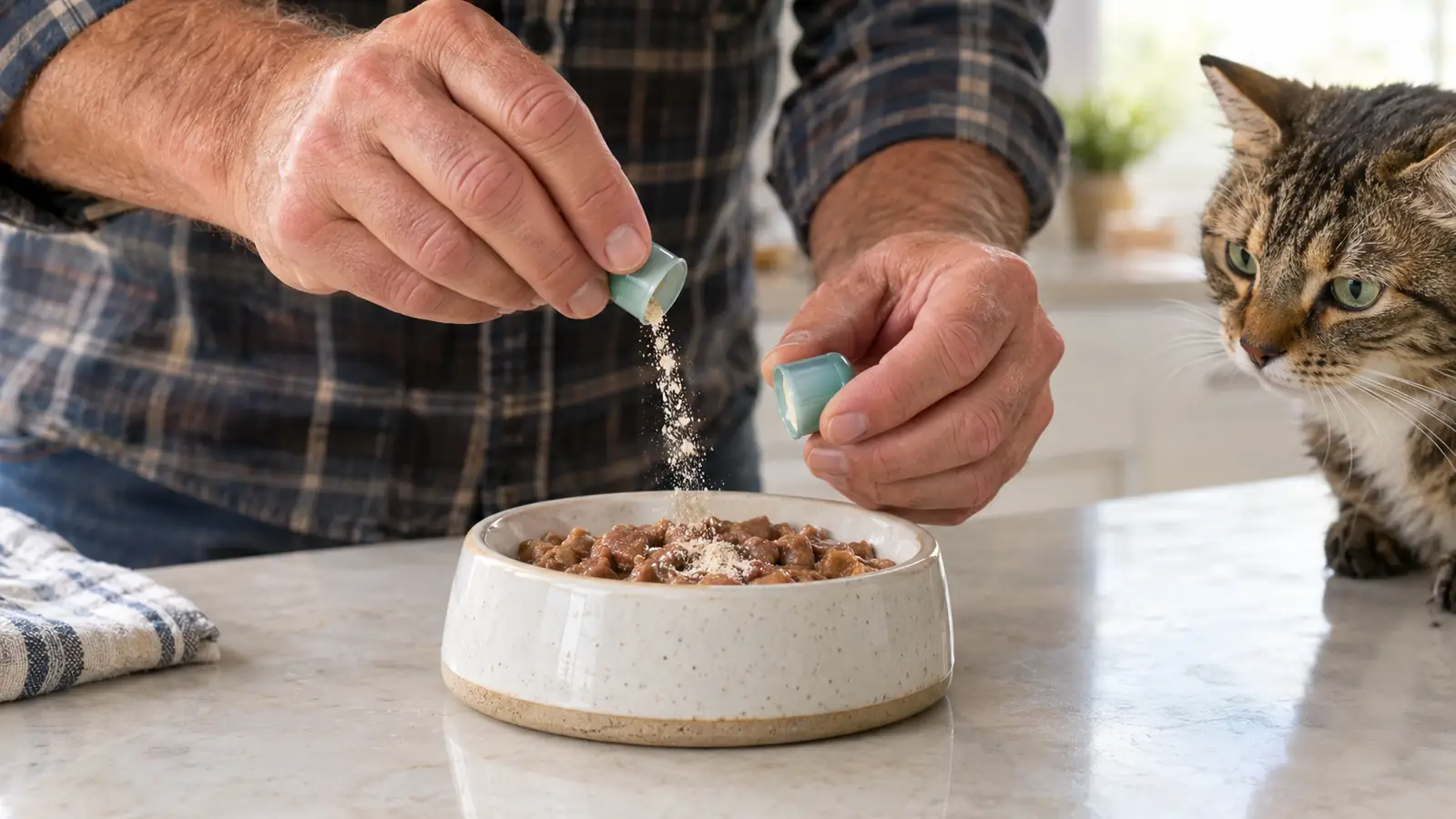 A person sprinkling powder from a small capsule over wet cat food in a ceramic bowl on a kitchen counter