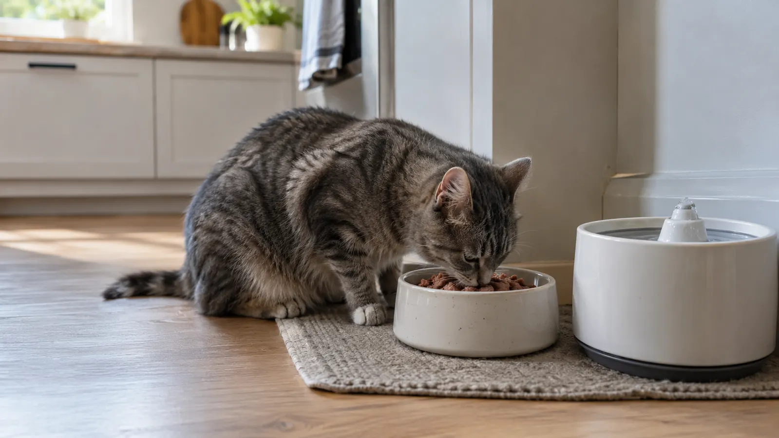 A gray tabby cat eating from a ceramic bowl on a kitchen mat, with a clean water fountain nearby