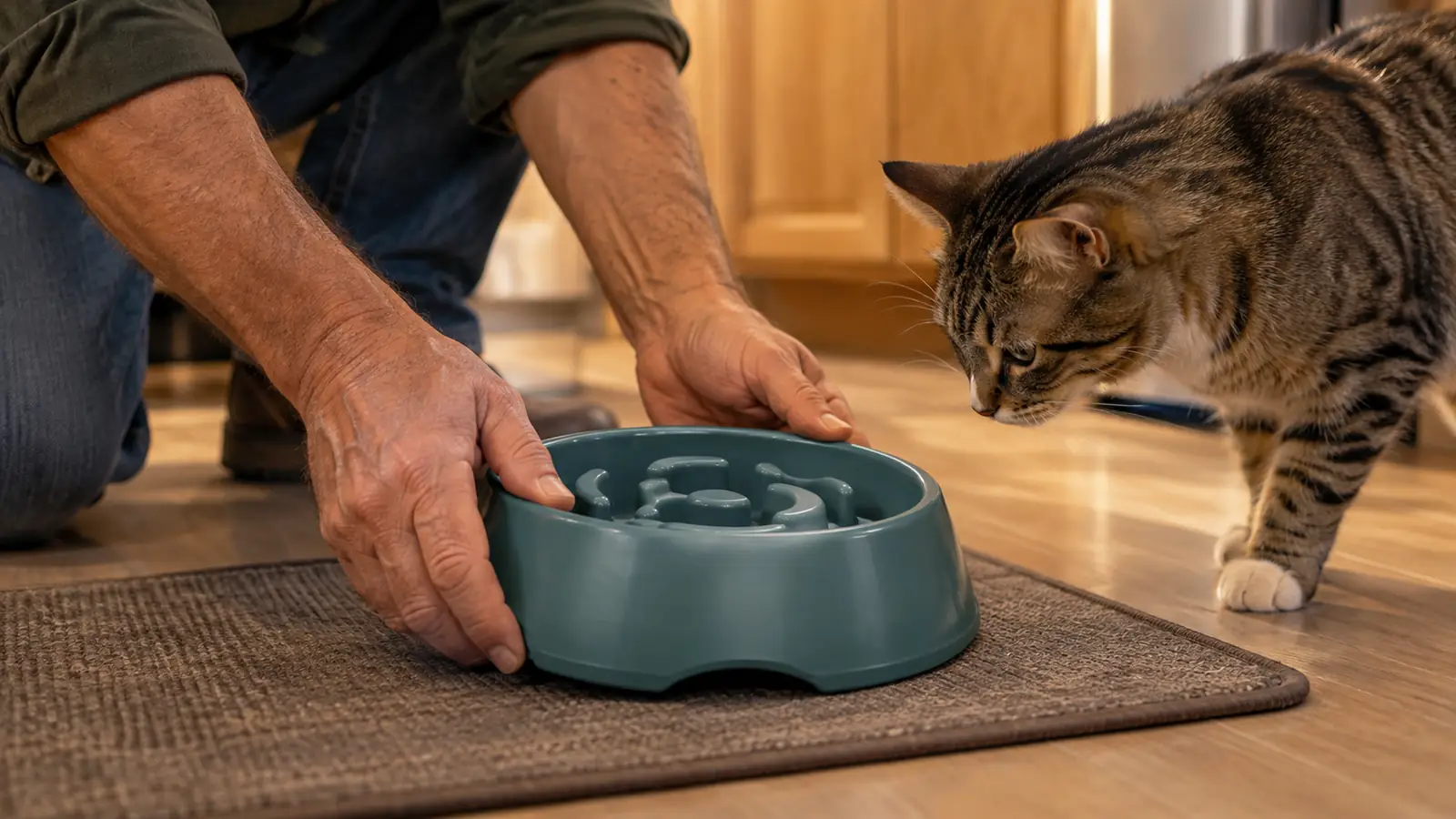 A person setting a slow feeder bowl down on a kitchen mat as a cat watches