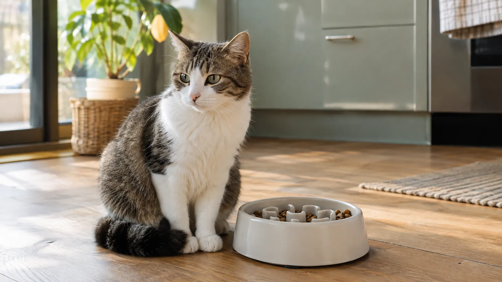A cat relaxing beside a slow feeder bowl after finishing a meal
