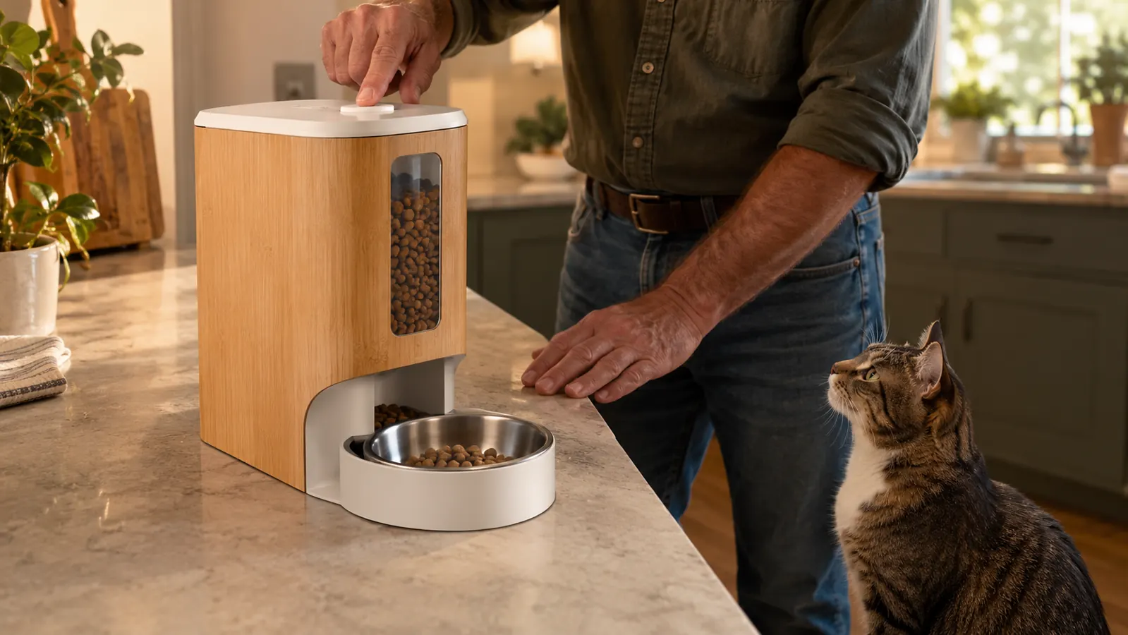 A person's hand presses the button on the lid of a clear food storage container while a cat waits by a bowl on the floor