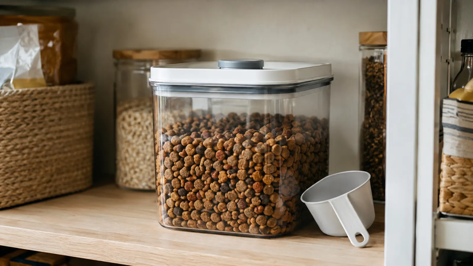 A clear food storage container on a pantry shelf with a measuring scoop resting against it, dry kibble visible inside