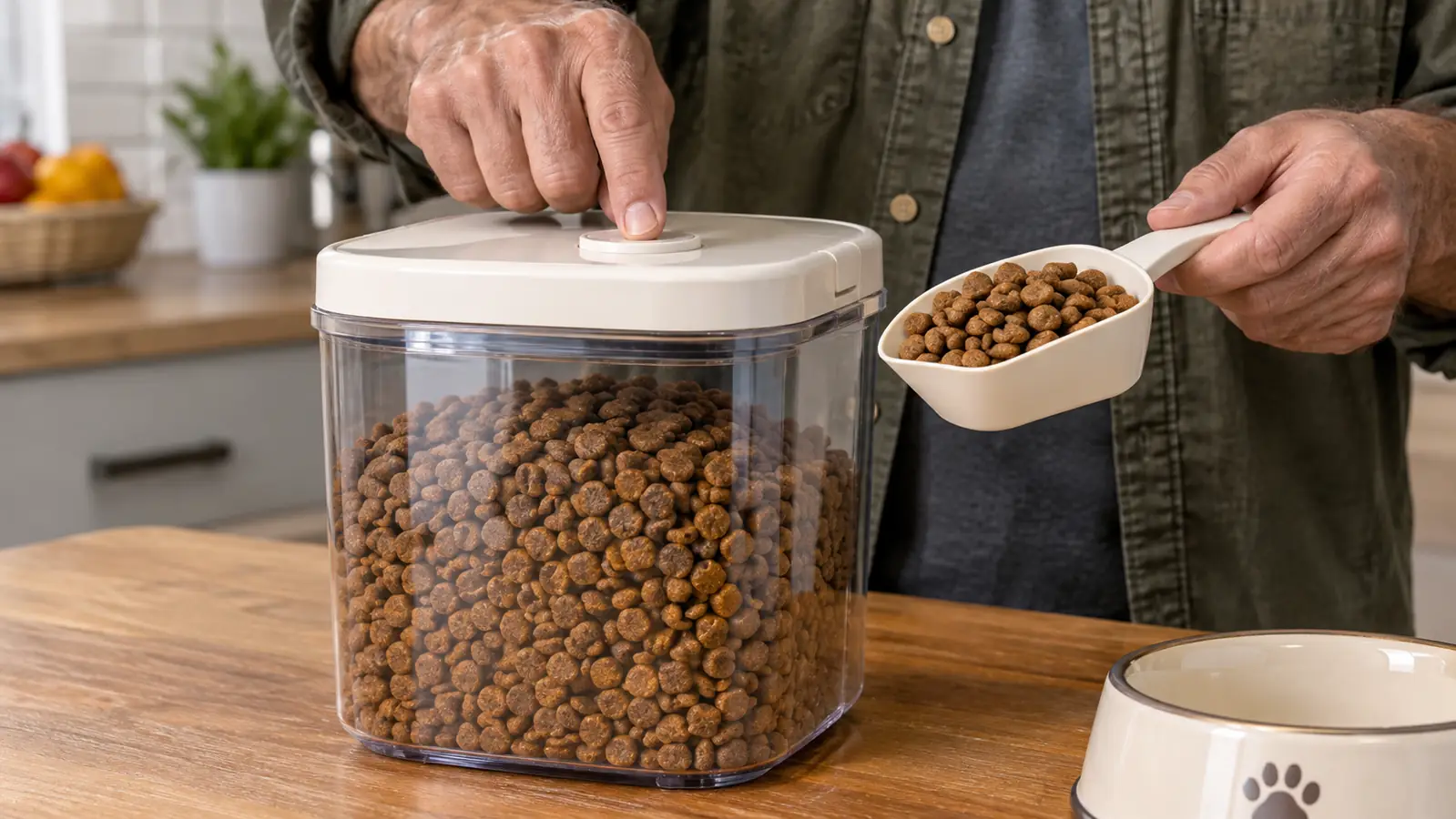 A hand pressing the center of the container lid while the other hand holds a measuring scoop filled with kibble