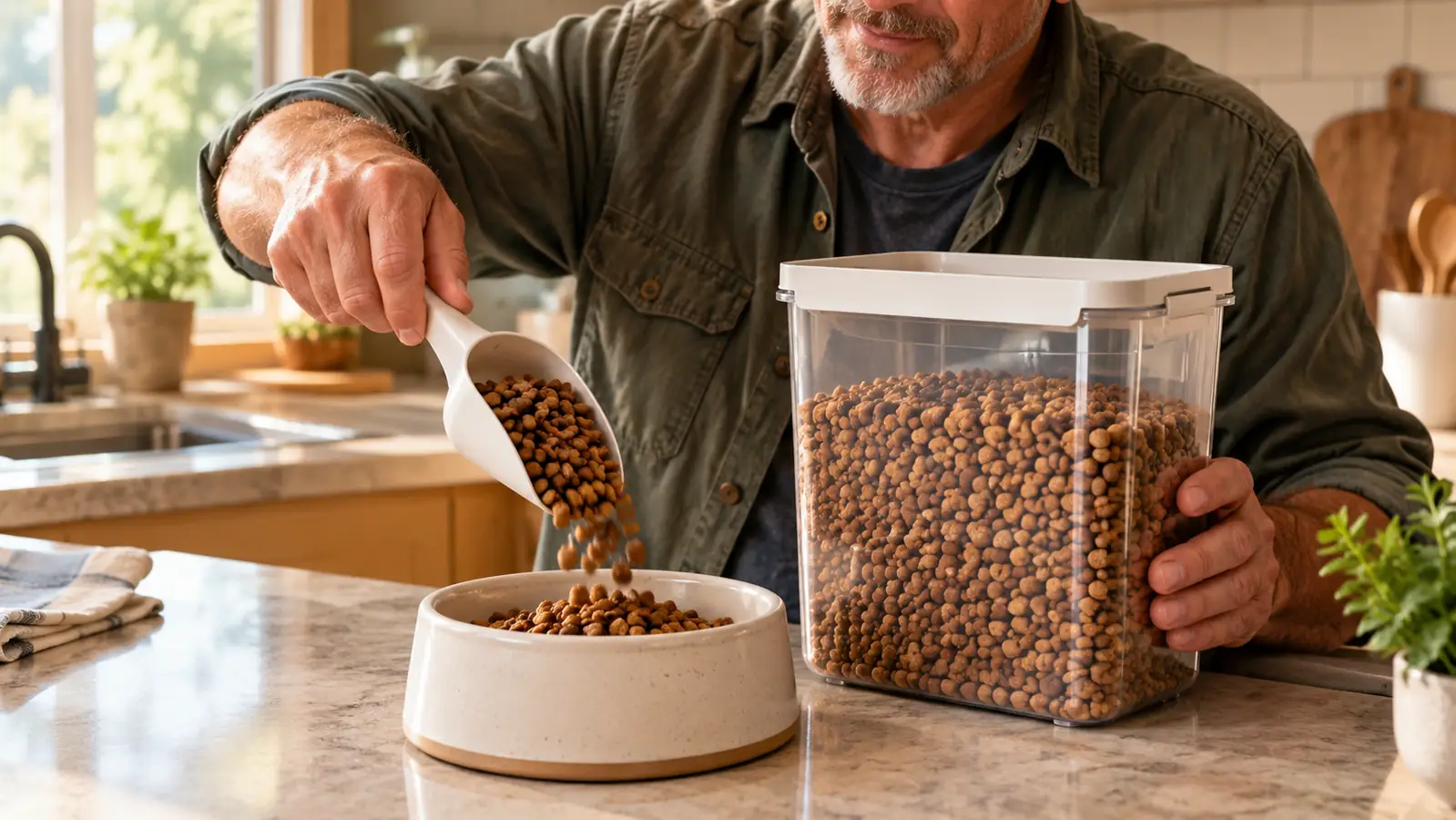 A hand scooping dry cat food from a clear storage container into a bowl