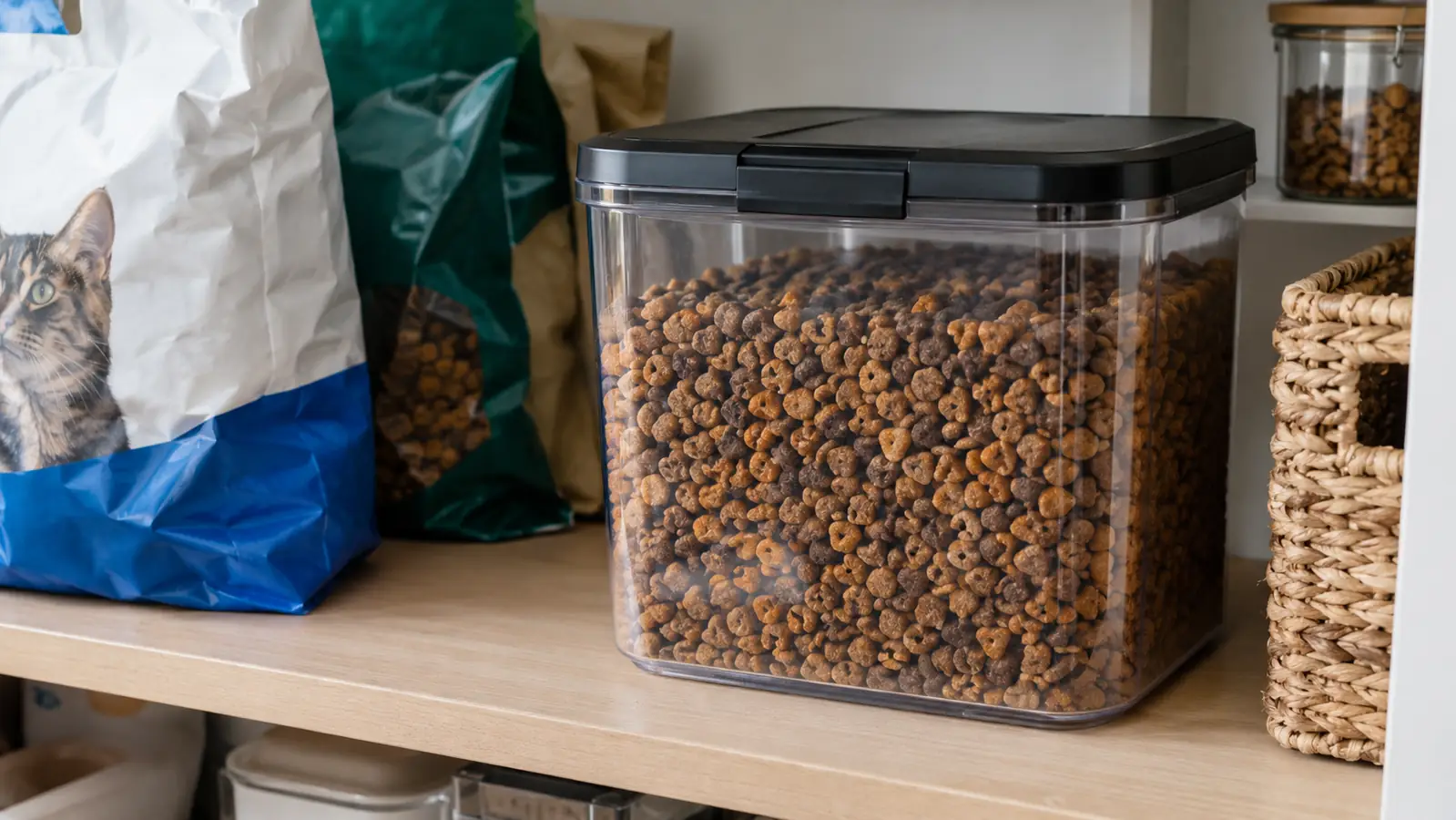 A clear cat food storage container with a black lid on a pantry shelf next to bags of dry food