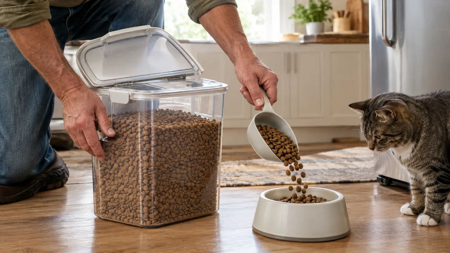 A hand scooping kibble from an open OXO Pop container into a cat bowl