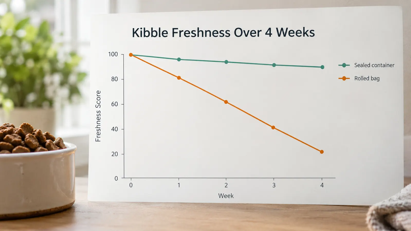 A simple chart comparing kibble freshness over four weeks: sealed container versus rolled bag