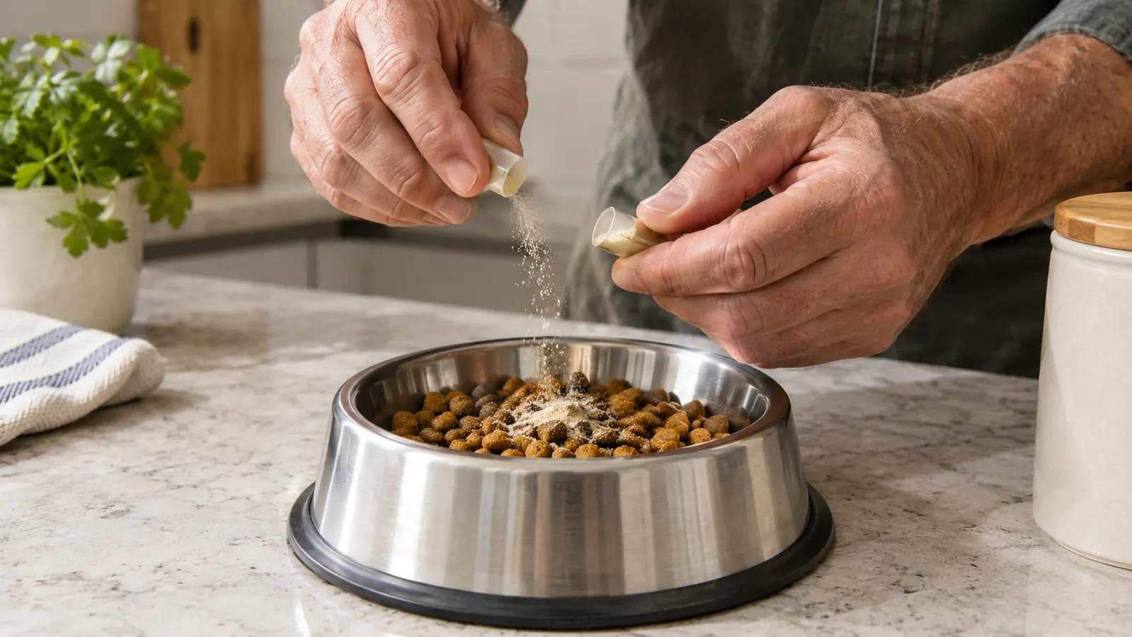 A hand sprinkling powder from a small capsule over a cat's meal in a stainless steel bowl