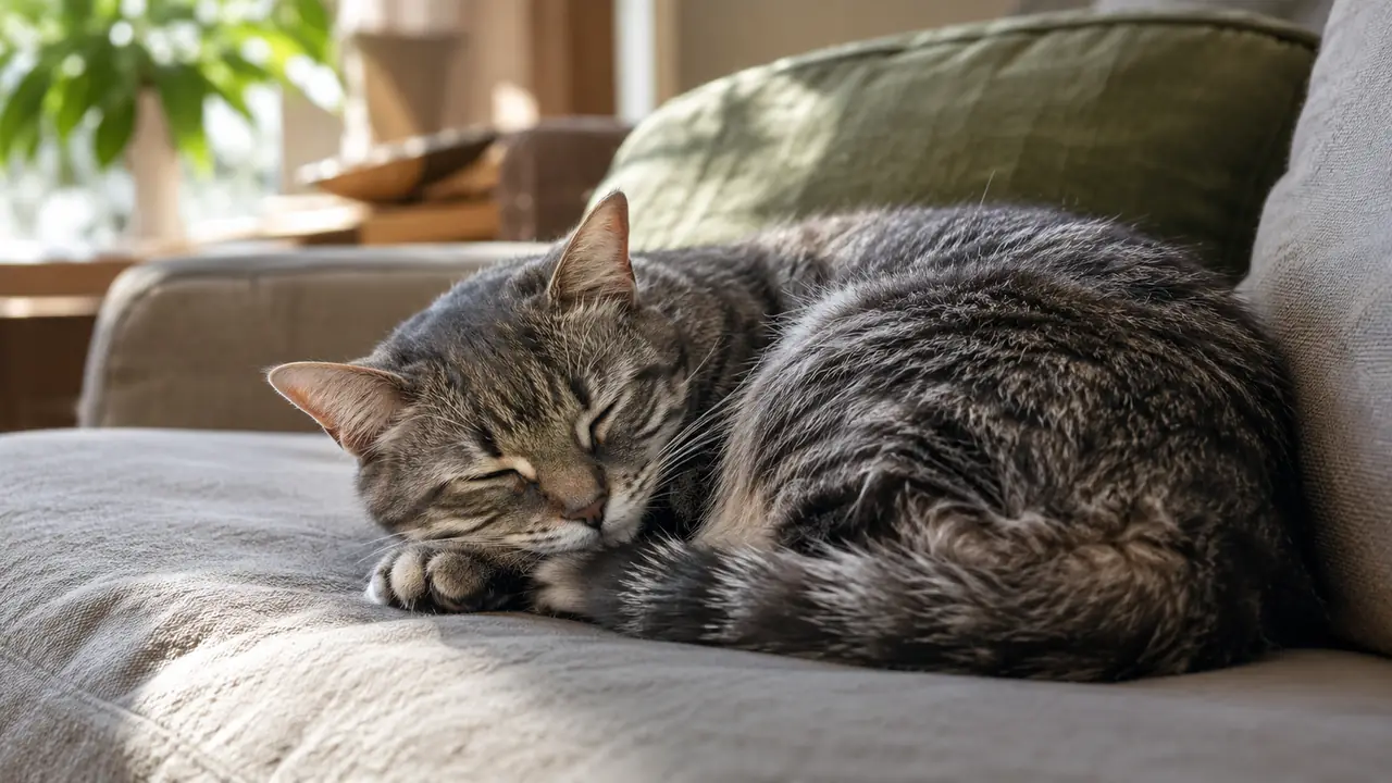 A calm gray tabby cat resting on a couch after eating, looking comfortable and relaxed