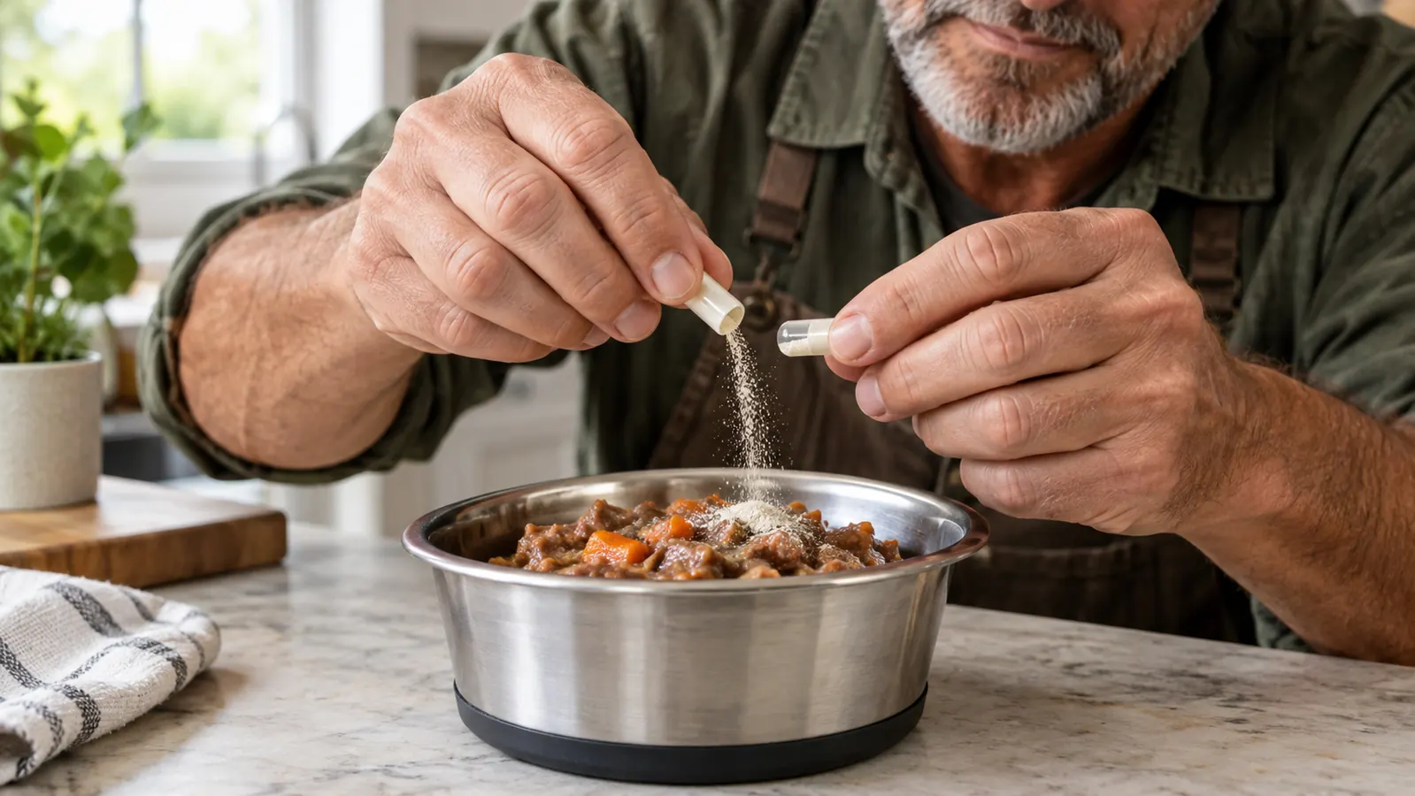 A hand twisting open a small capsule and sprinkling powder over wet food in a stainless steel bowl