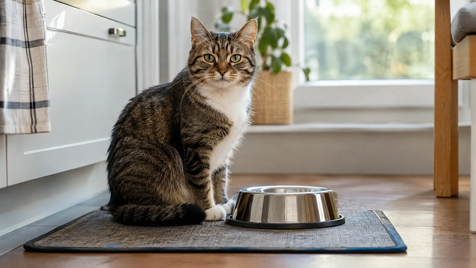A cat sitting calmly beside a clean stainless steel bowl on a kitchen mat