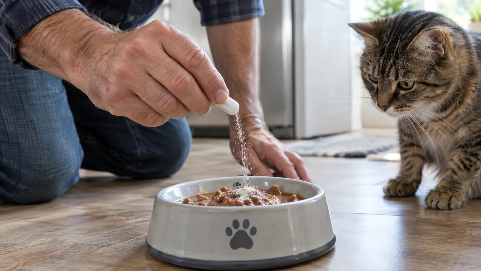 A person's hand sprinkling powder from a small capsule over a cat's bowl of wet food on a kitchen floor