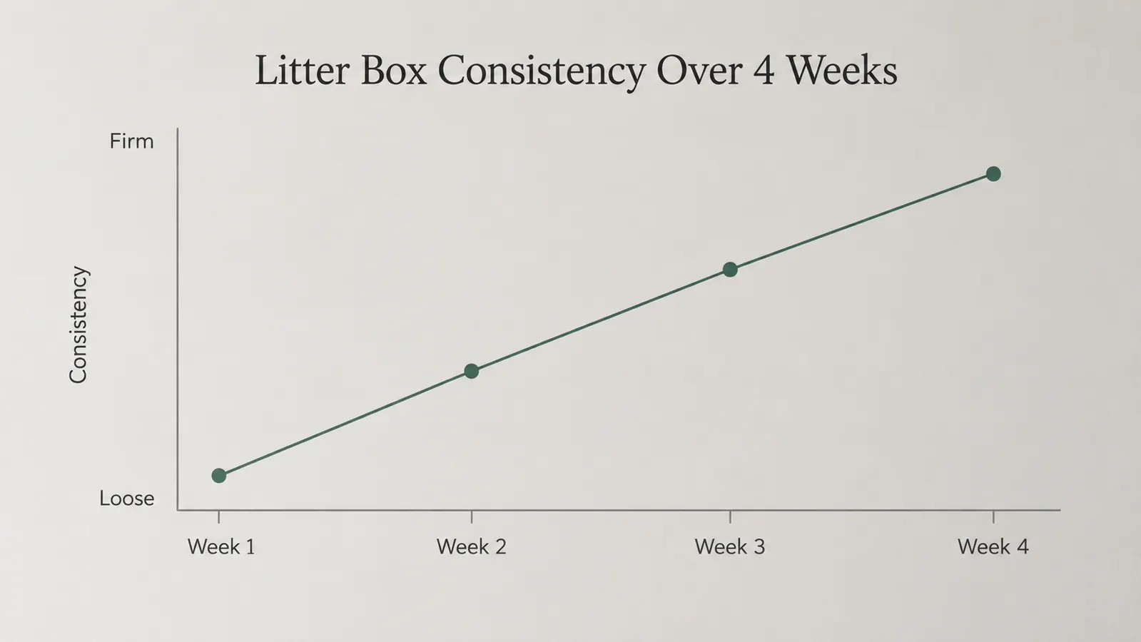 A simple line chart showing litter box consistency improving from loose to firm over the first four weeks