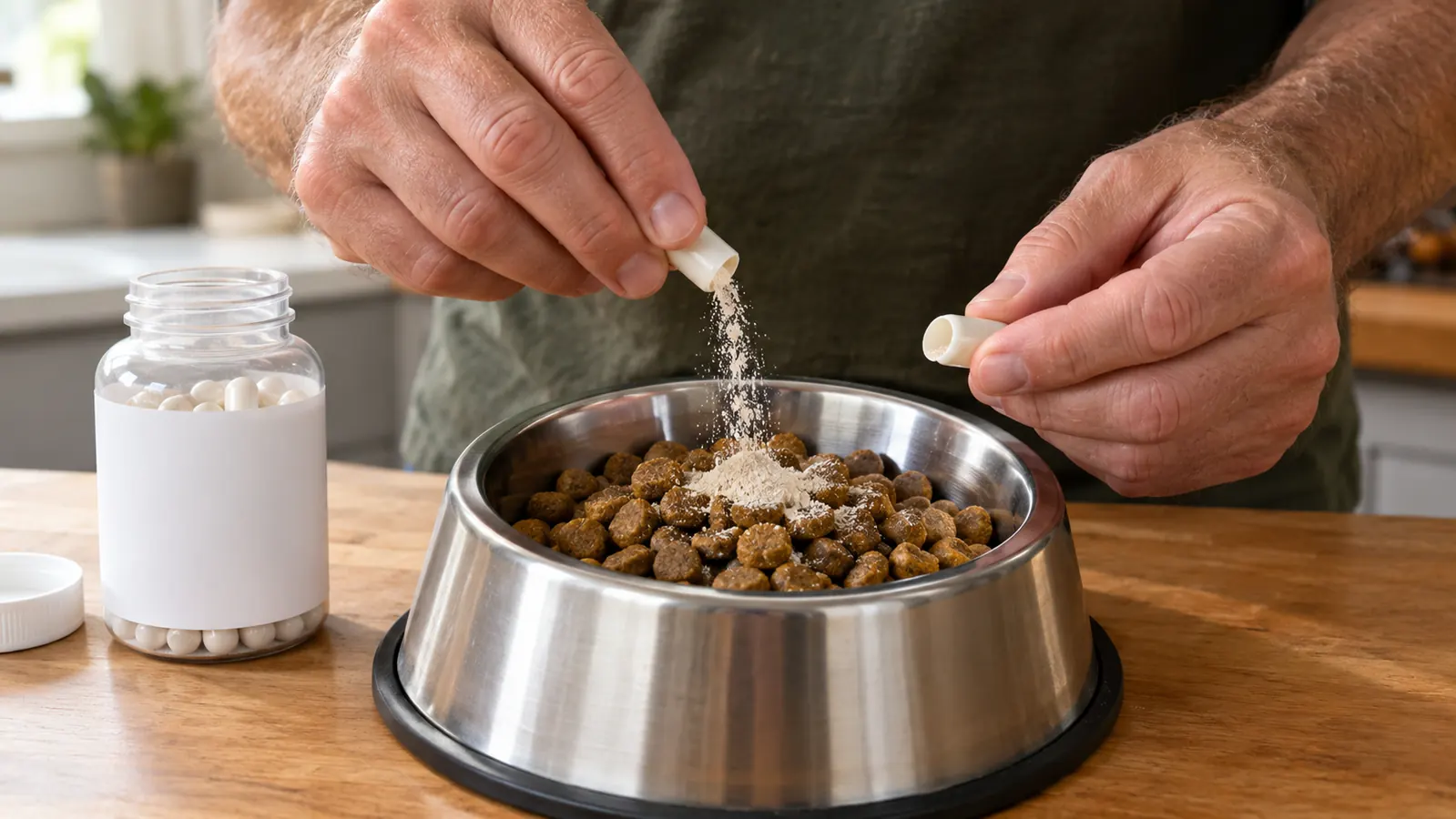 A hand opening a small capsule and sprinkling powder over cat food in a stainless steel bowl