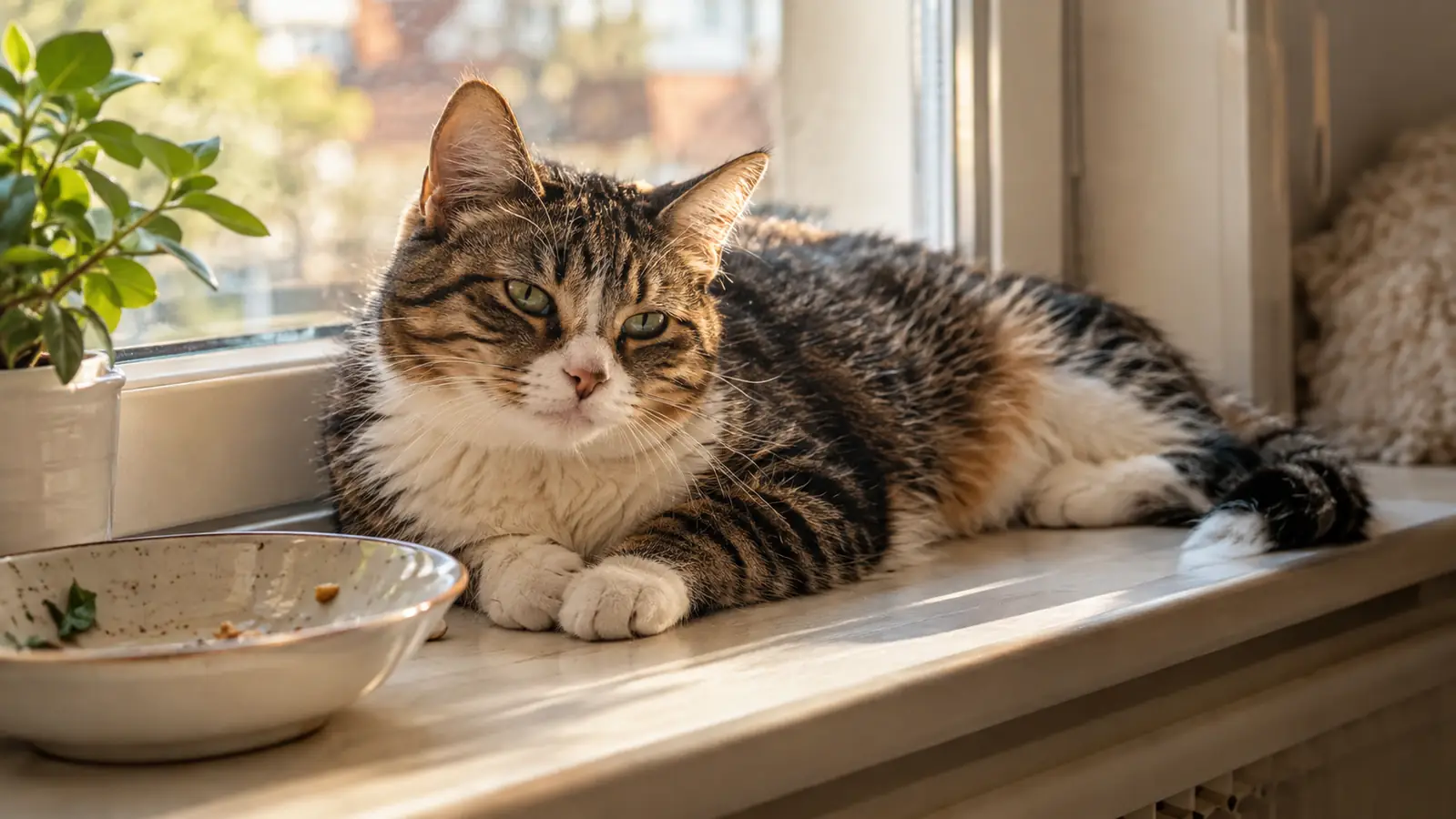 A cat resting on a windowsill after a meal, calm and relaxed