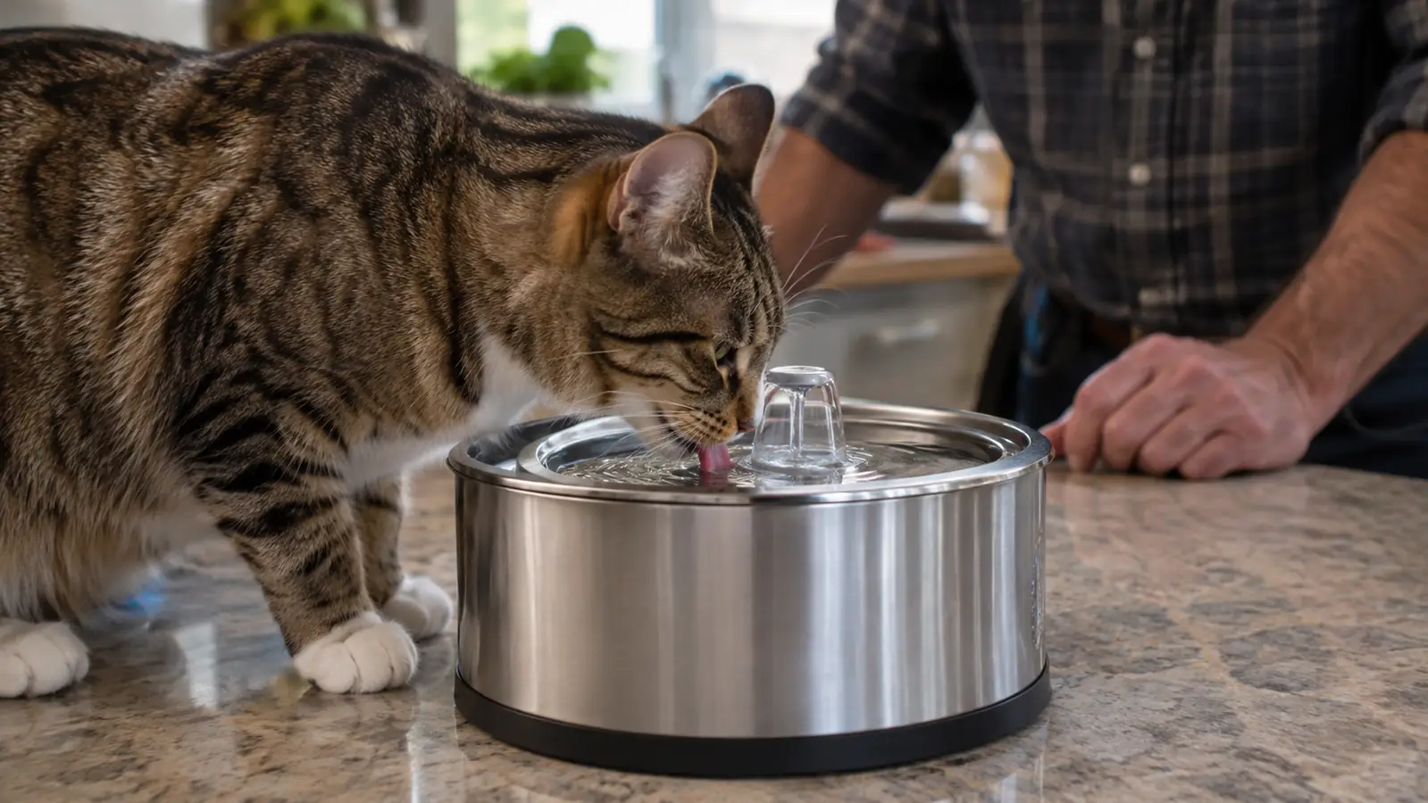 A cat drinking from the stainless steel fountain, kitchen background softly blurred.