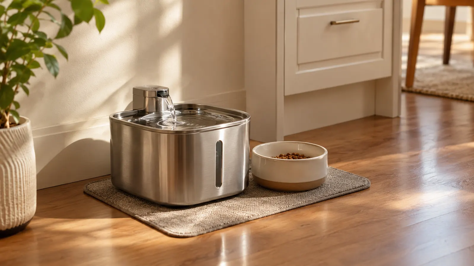 A stainless steel cat water fountain on a mat beside a food bowl in a tidy kitchen corner.