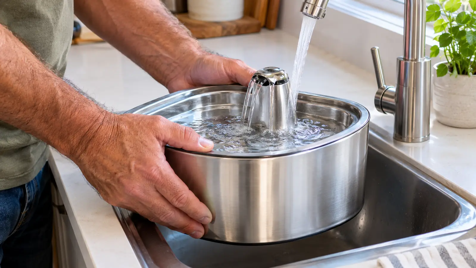 A person's hand filling a stainless steel cat water fountain at a kitchen sink