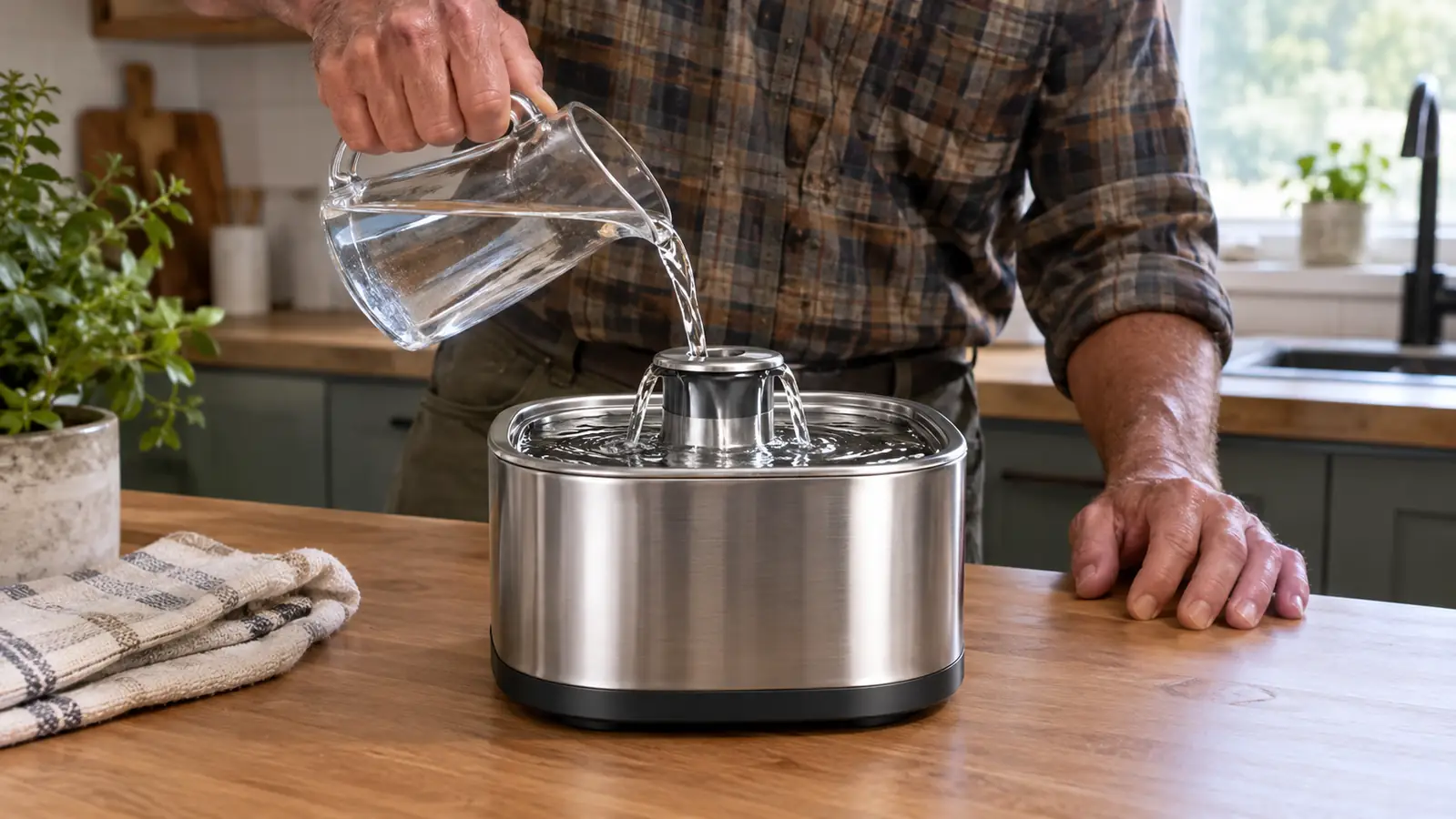 A person's hand pouring fresh water into a stainless steel cat water fountain on a kitchen floor