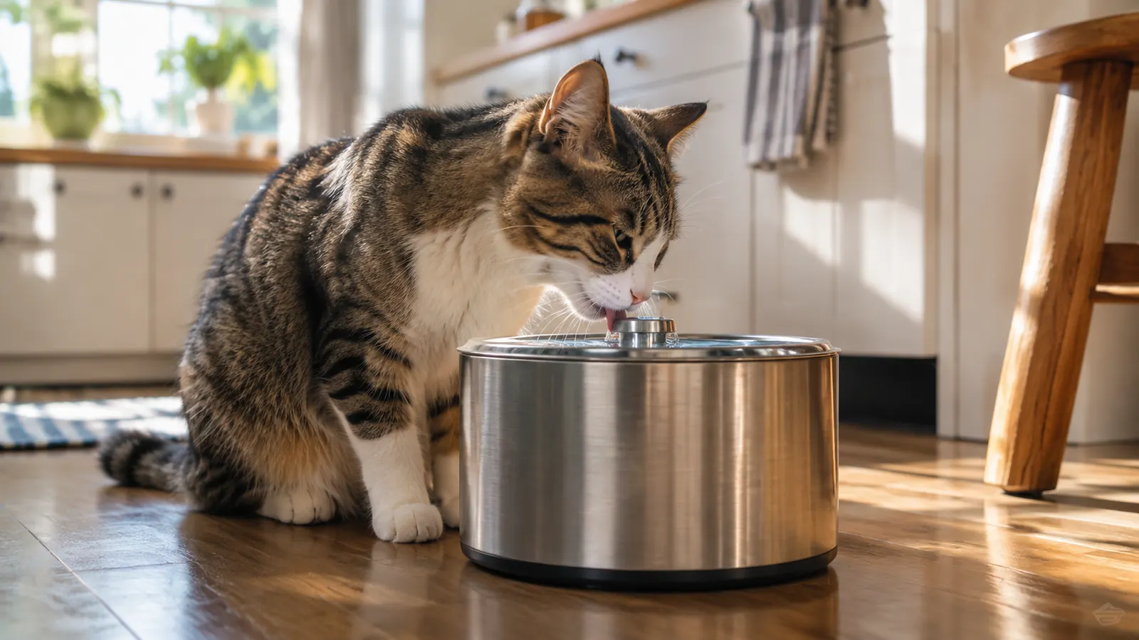 A cat drinking from a stainless steel water fountain on a kitchen floor, warm afternoon light through a window