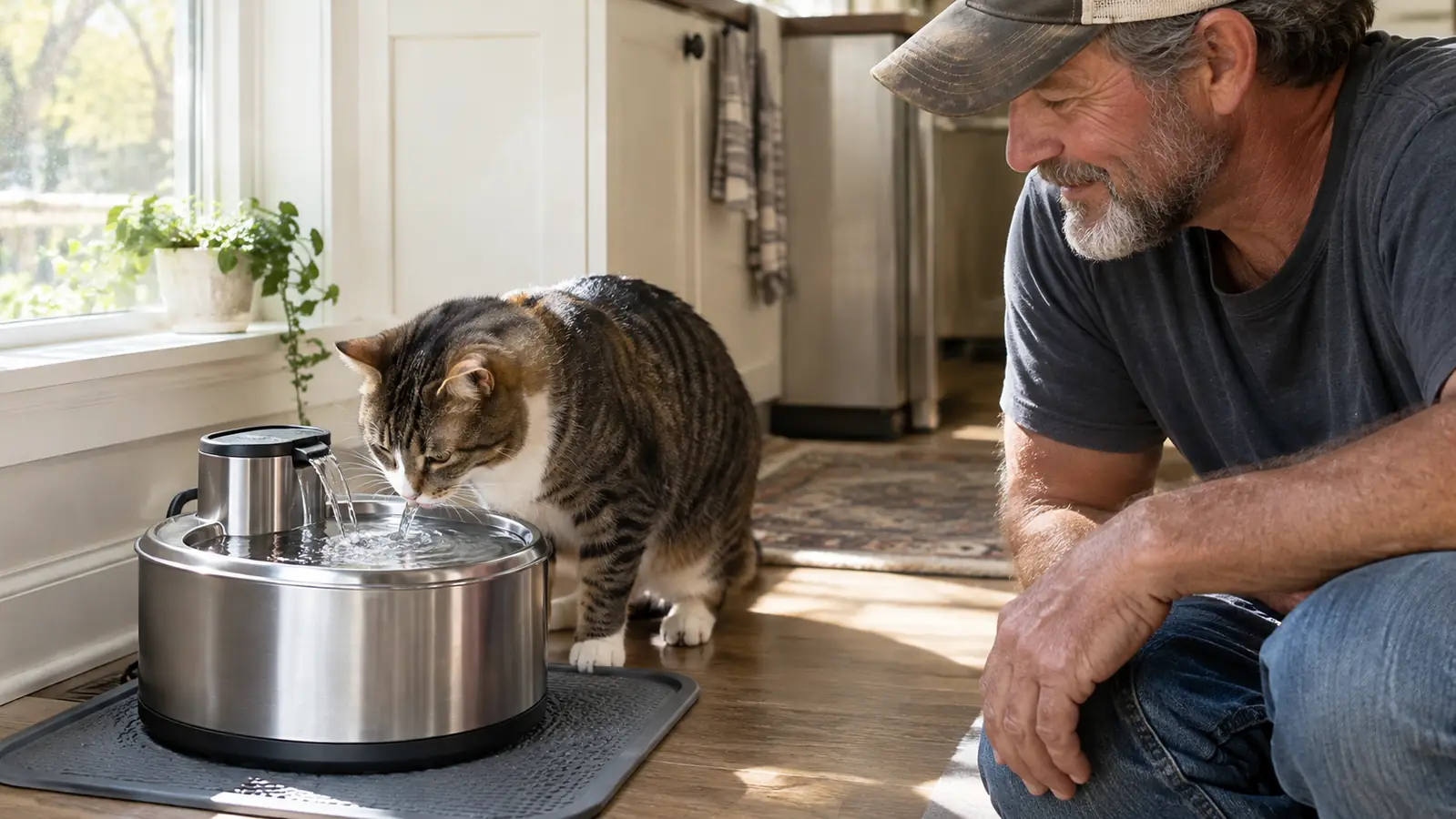 A cat drinking from a stainless steel cat water fountain on a kitchen mat