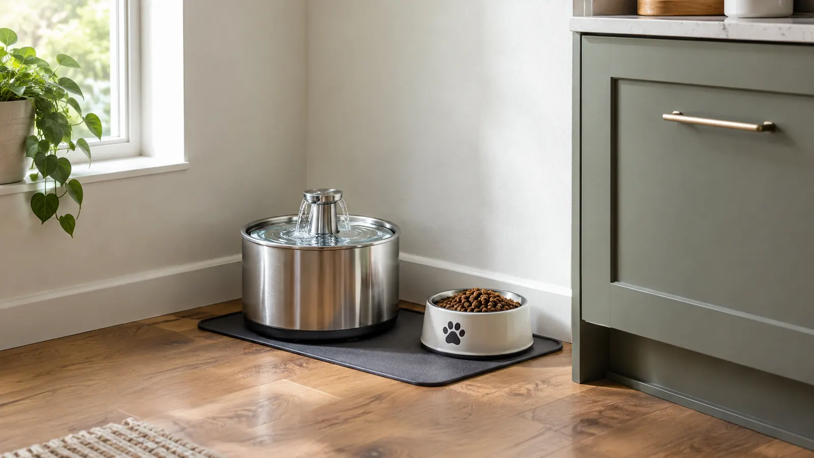 A tidy kitchen corner with a stainless steel cat water fountain on a mat beside a cat food bowl